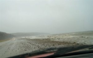 Water rushes onto the beach just feet from Highway 57.